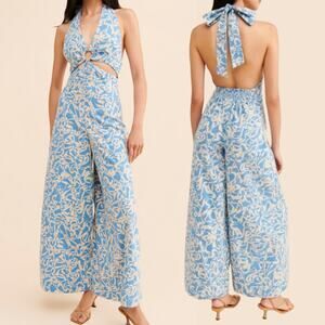 Free People Kira Printed Halter Cut-Out Wide Leg Jumpsuit Blue Cream Medium